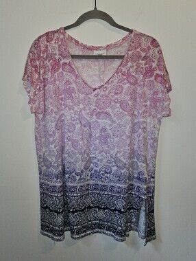 J.Jill Linen Tunic Short Sleeve Paisley Ombre Pink Purple Large
